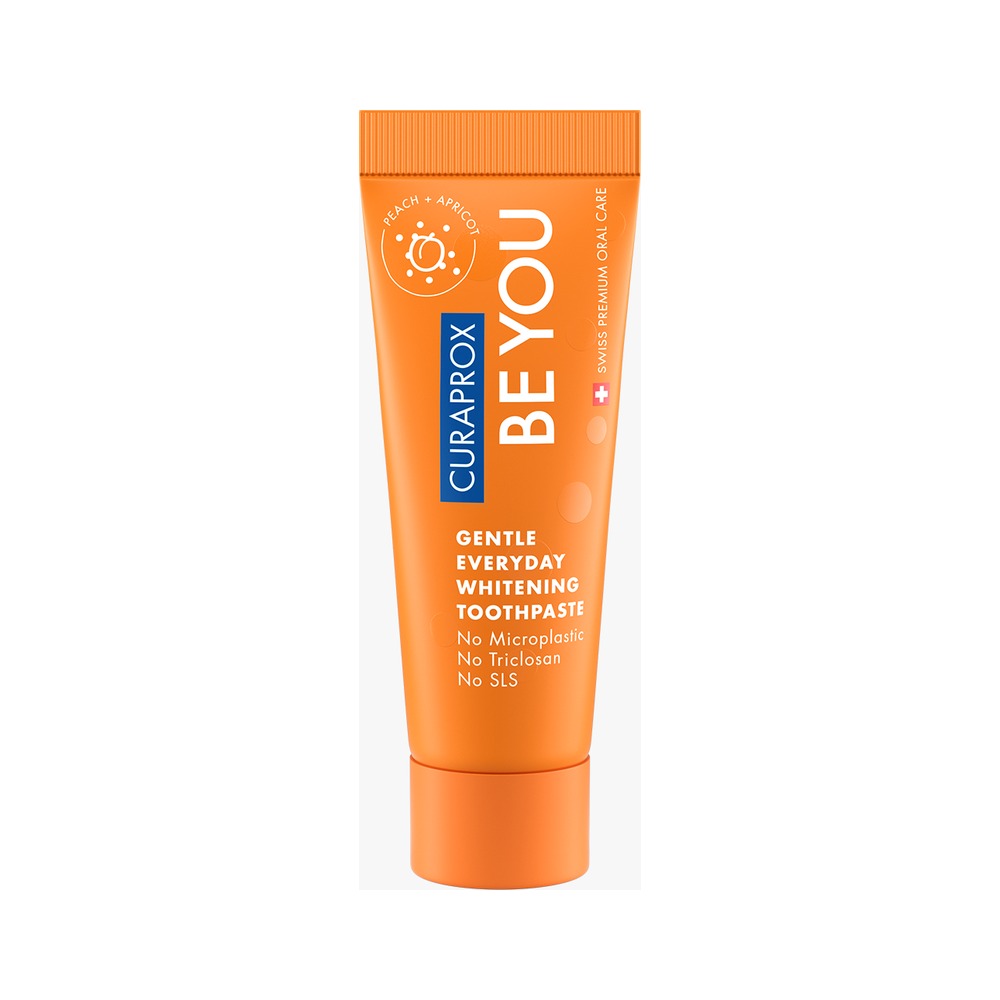 Curaprox Be you Peach and Apricot toothpaste 10ml travel size, front of tube