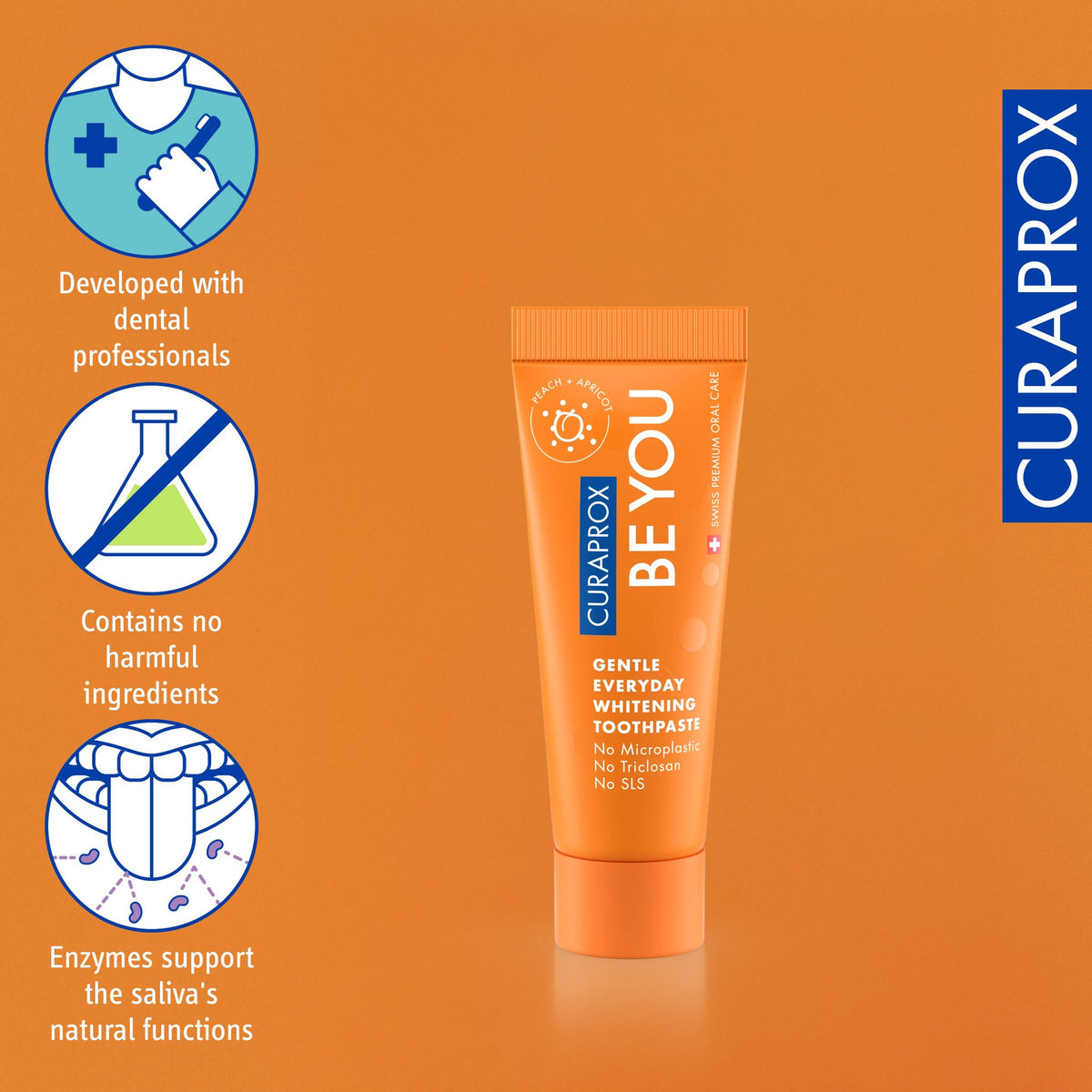 Curaprox Be you Peach and Apricot 10ml, icons for dental professional development and enzyme support