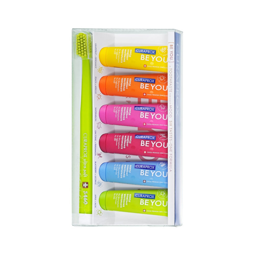 Curaprox Be you taste pack, boxed set of six 10ml toothpastes and a CS 5460 toothbrush