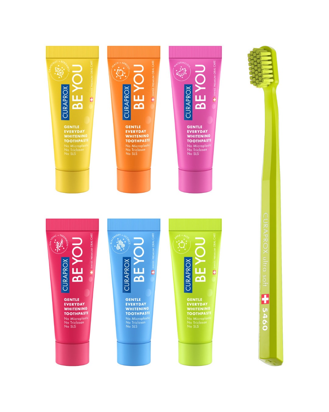 Curaprox Be you taste pack, the six 10ml tubes laid out with the toothbrush