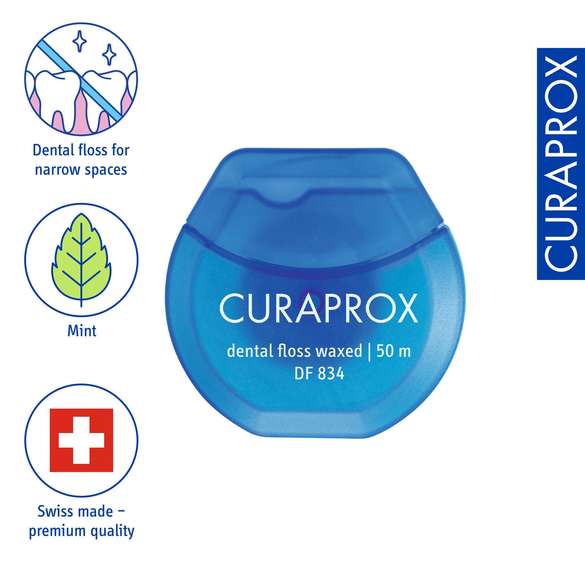Curaprox DF 834 dental floss, icons for the mint flavour and narrow spaces