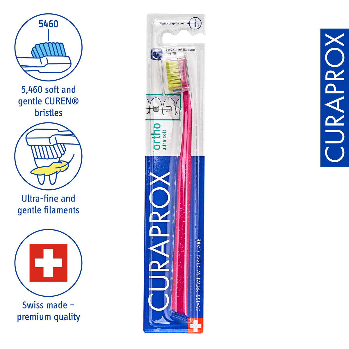 Curaprox CS 5460 ortho, product icons for 5,460 Curen filaments and Swiss manufacture