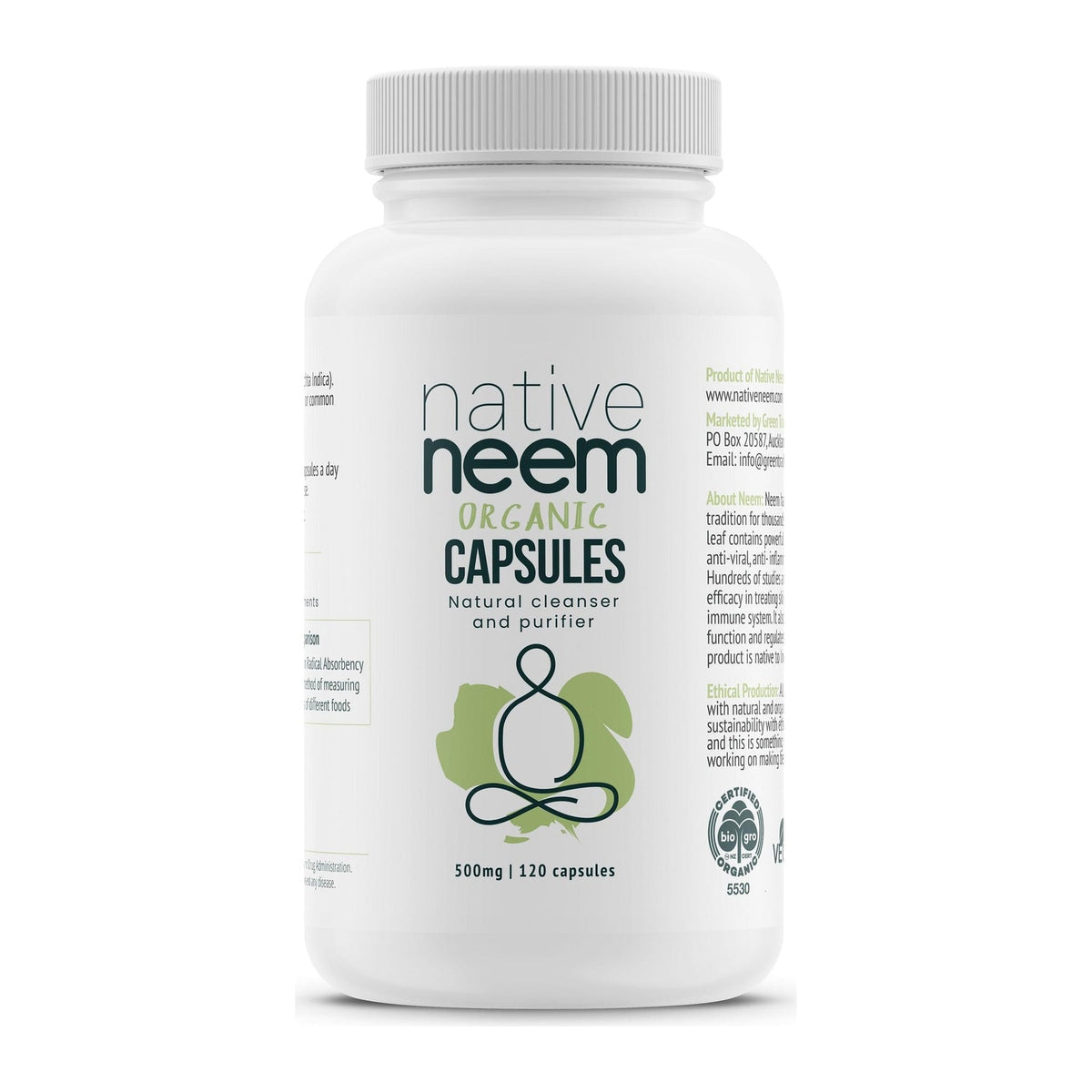 Native Neem Organic Neem Capsules 500mg, 120 capsule bottle, front of pack