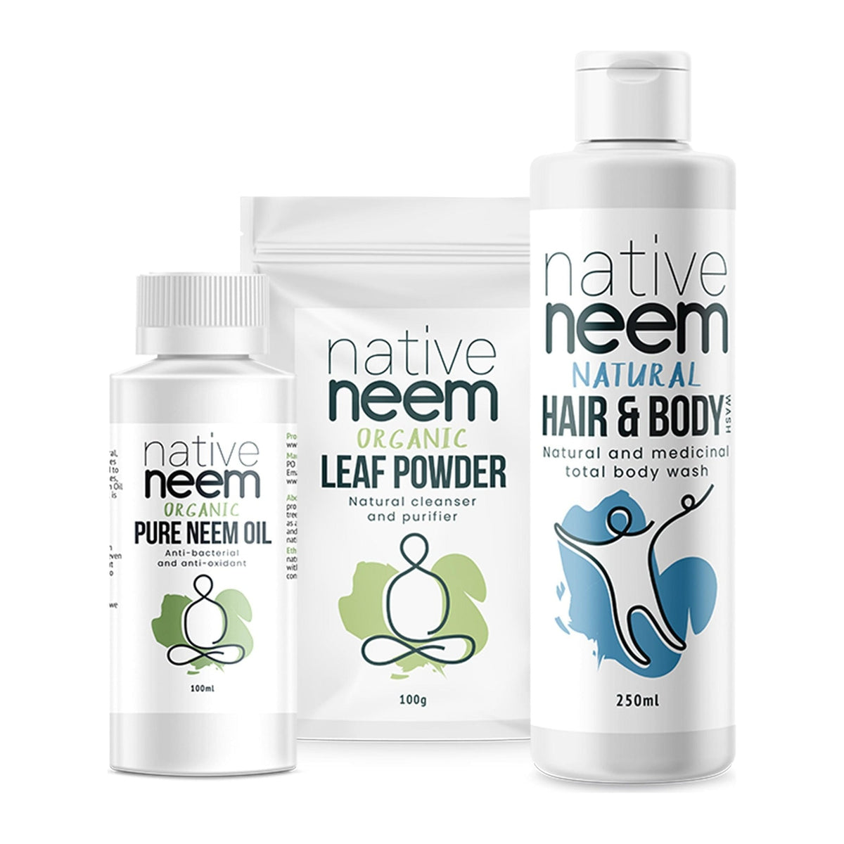 Native Neem pack contents: pure neem oil, neem leaf powder and neem hair and body wash