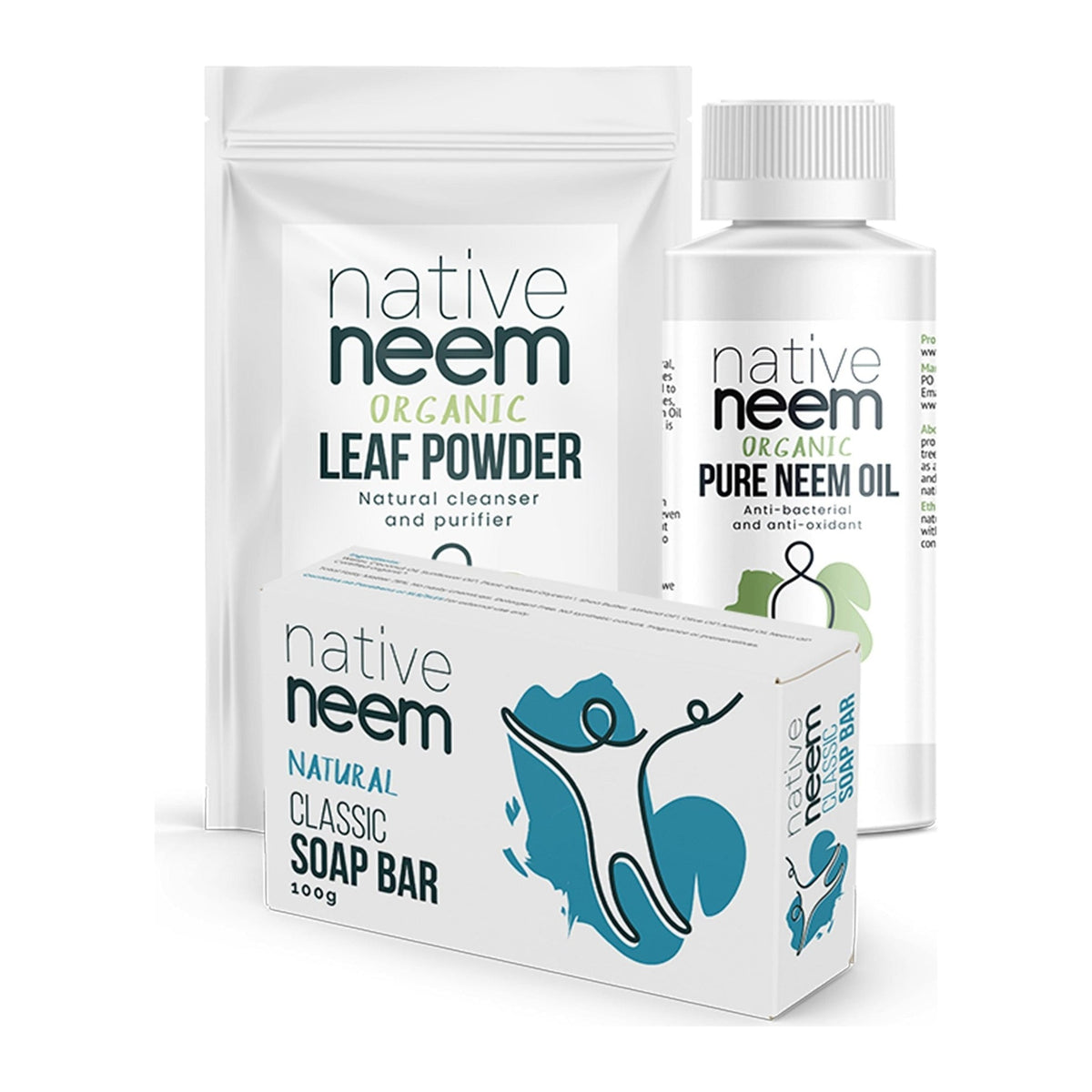 Native Neem pack contents: neem leaf powder, pure neem oil and neem soap bar