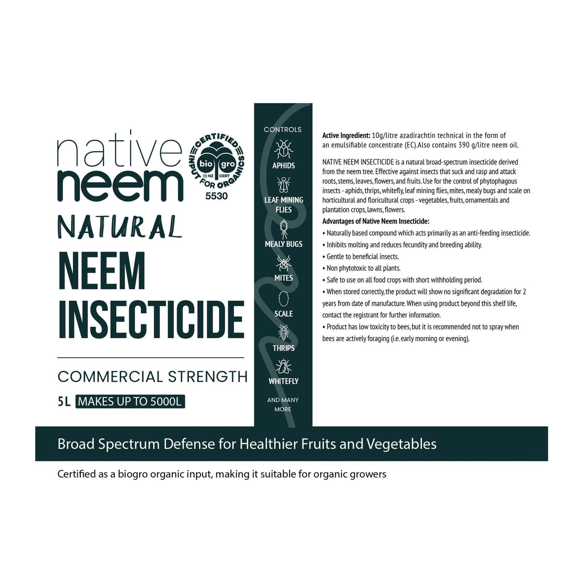Native Neem commercial strength neem insecticide label showing composition