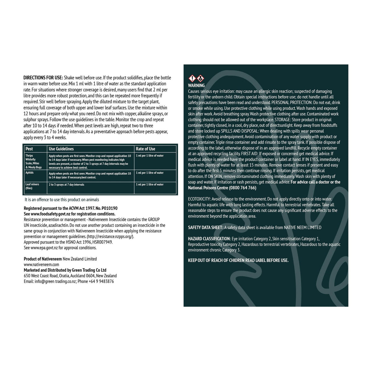 Native Neem commercial strength neem insecticide label showing directions for use