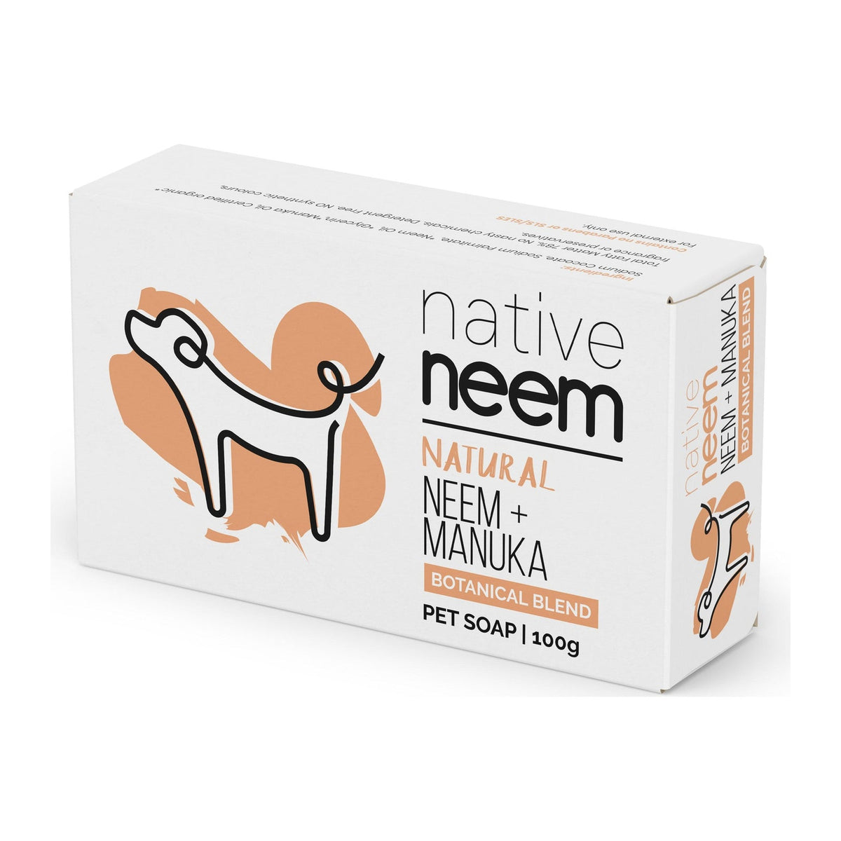 Native Neem and Manuka Botanical Blend Pet Soap Bar 100g, boxed, front of pack