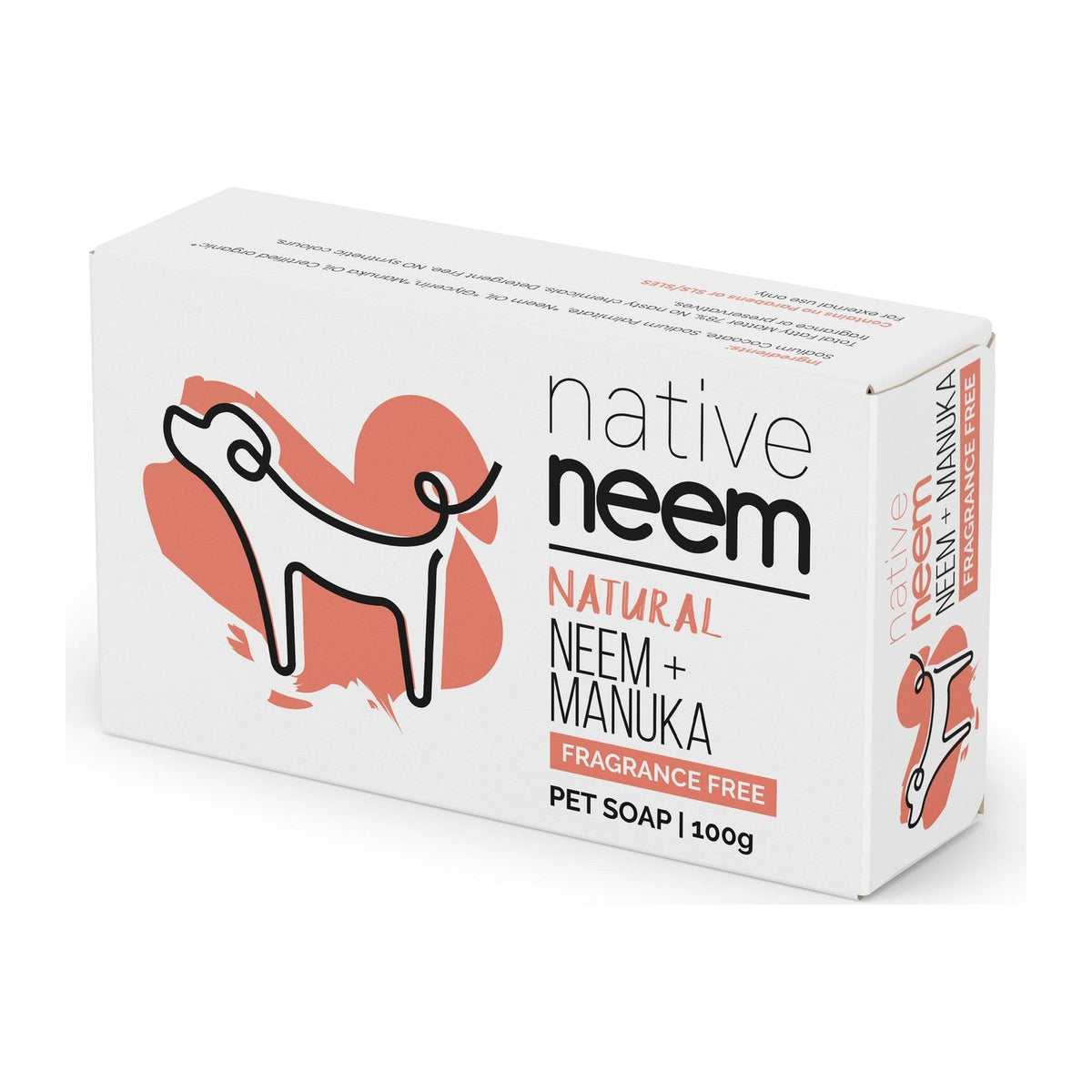 Native Neem and Manuka Fragrance-Free Pet Soap Bar 100g, boxed, front of pack