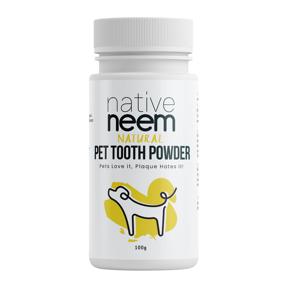 Native Neem Organic Neem Pet Tooth Powder 100g bottle, front of pack