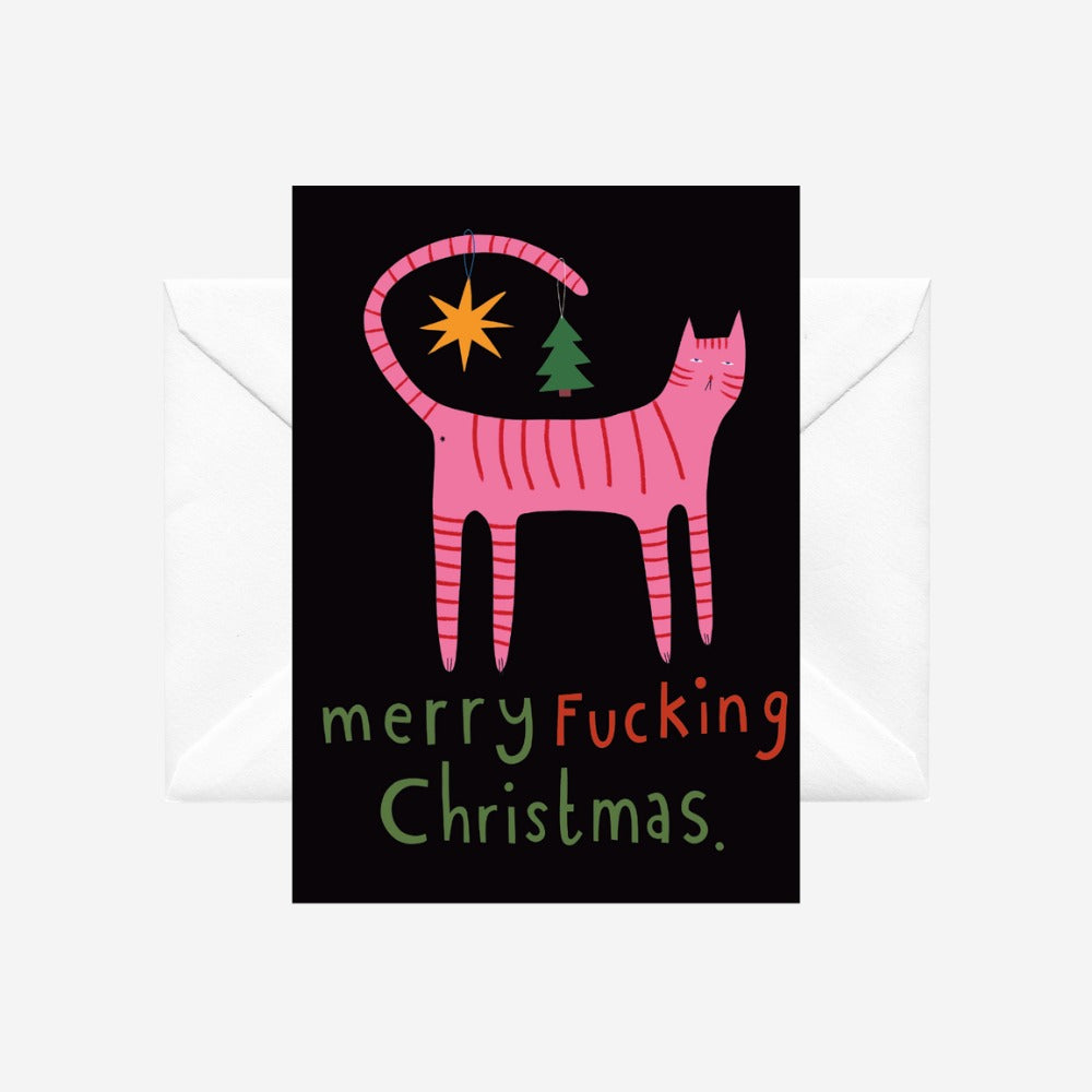 Studio Soph pink cat Christmas card with its white envelope