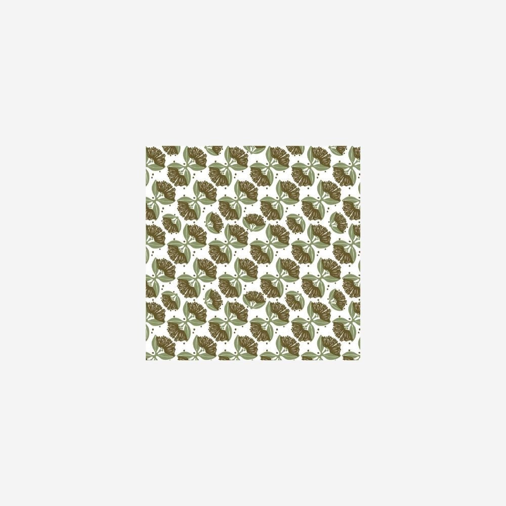 Close up of the pohutukawa woodcut pattern in shades of green