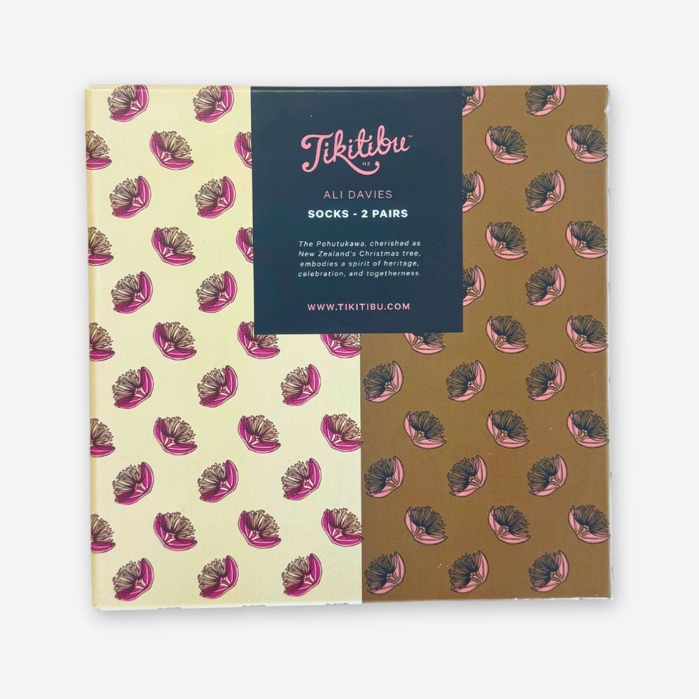 The pohutukawa socks box, showing both prints