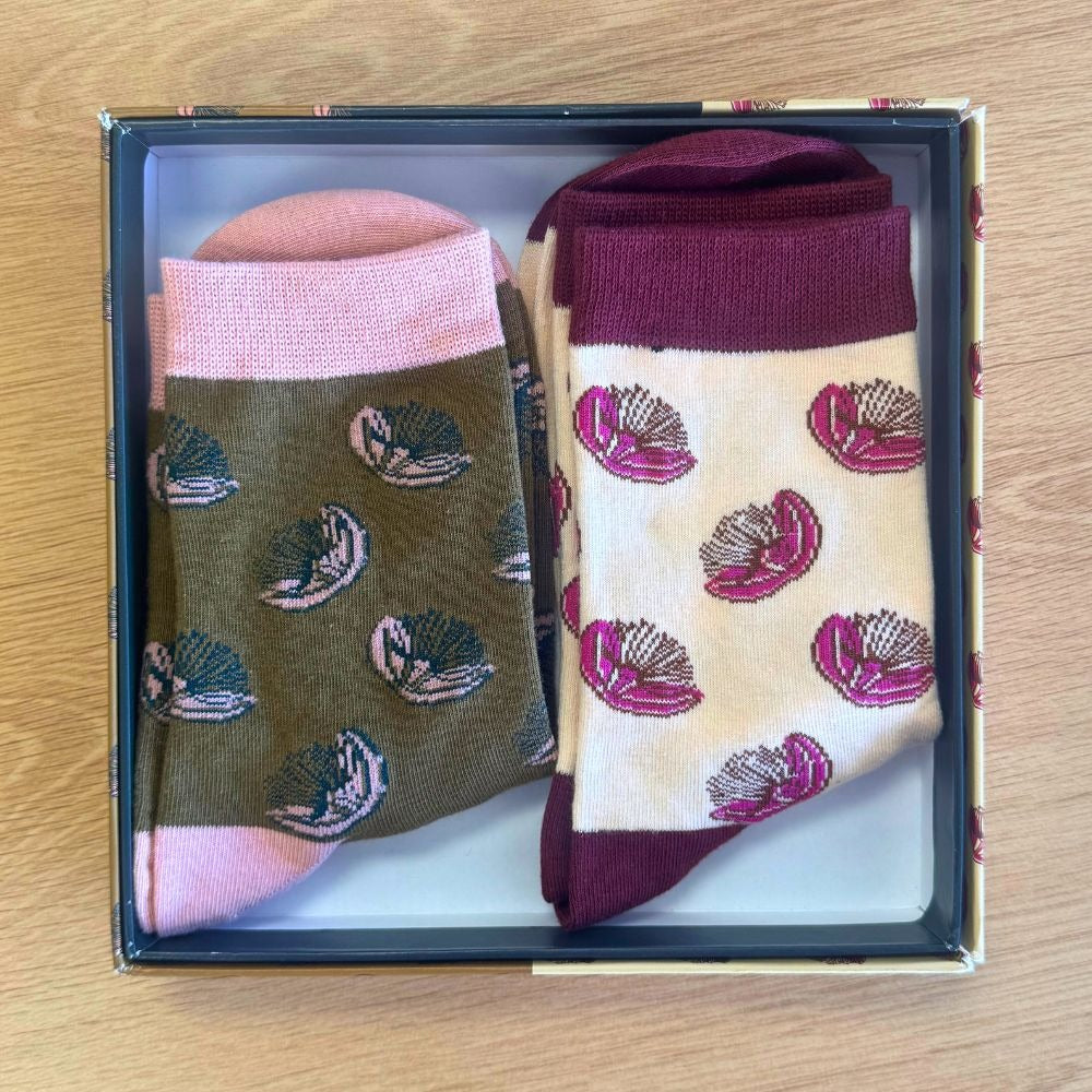 Two pairs of pohutukawa socks in their gift box