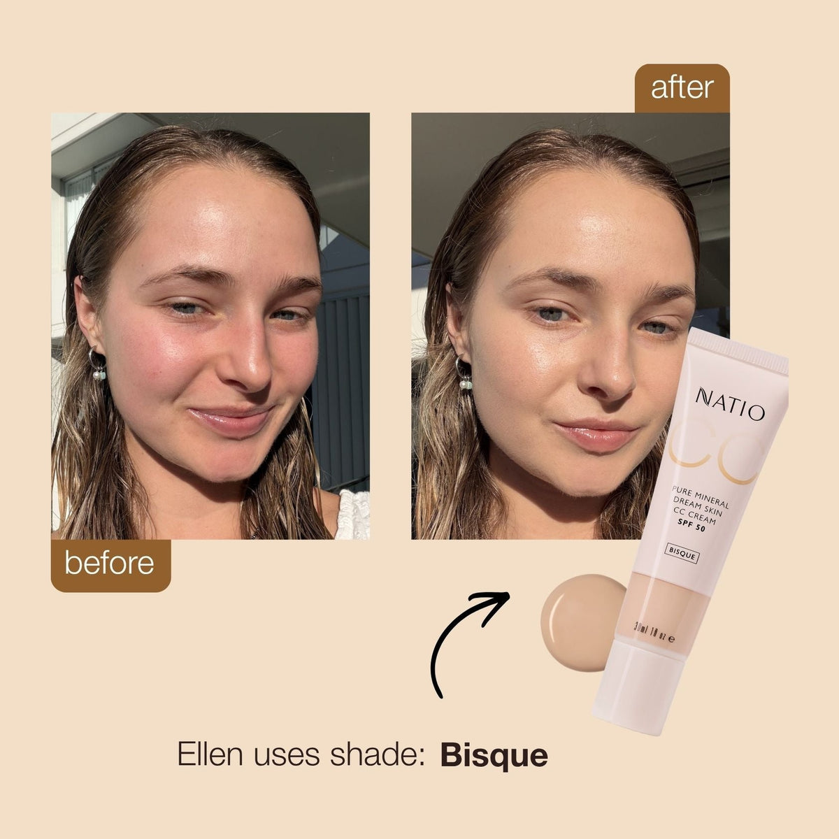 Information card for Natio Dream Skin CC Cream SPF50 Bisque 30ml