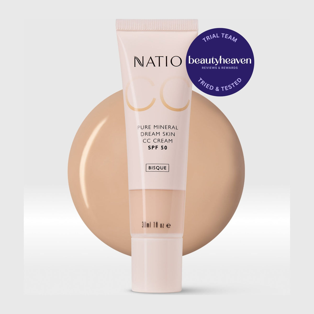 Natio Dream Skin CC Cream SPF50 Bisque 30ml styled in a set photograph