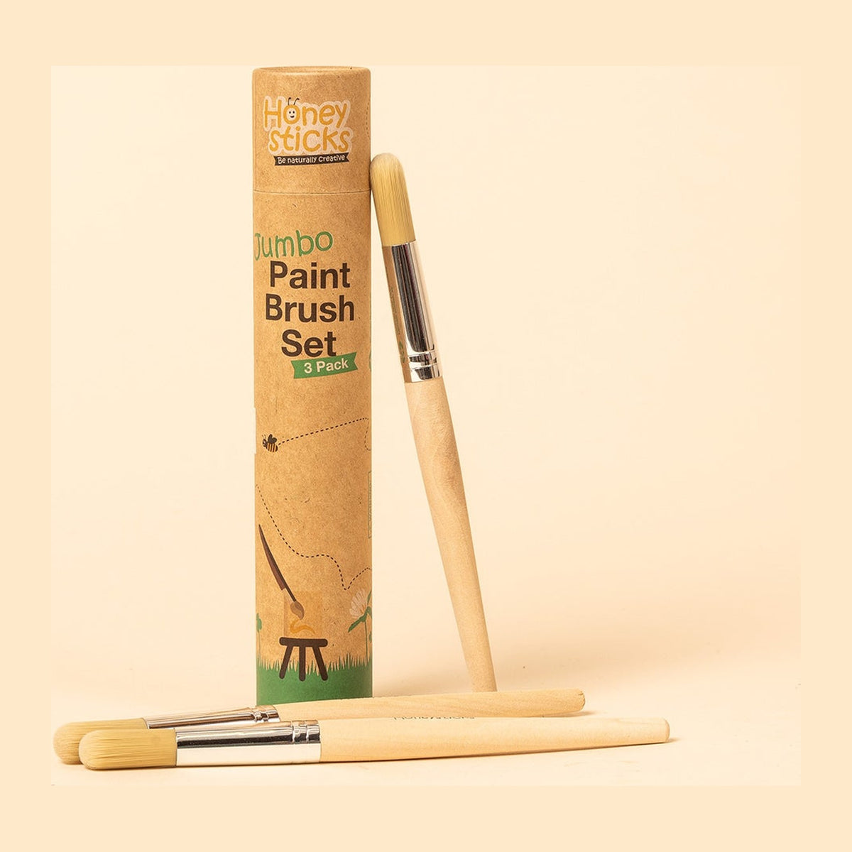 Honeysticks Jumbo Paintbrush Set tube with the three brushes