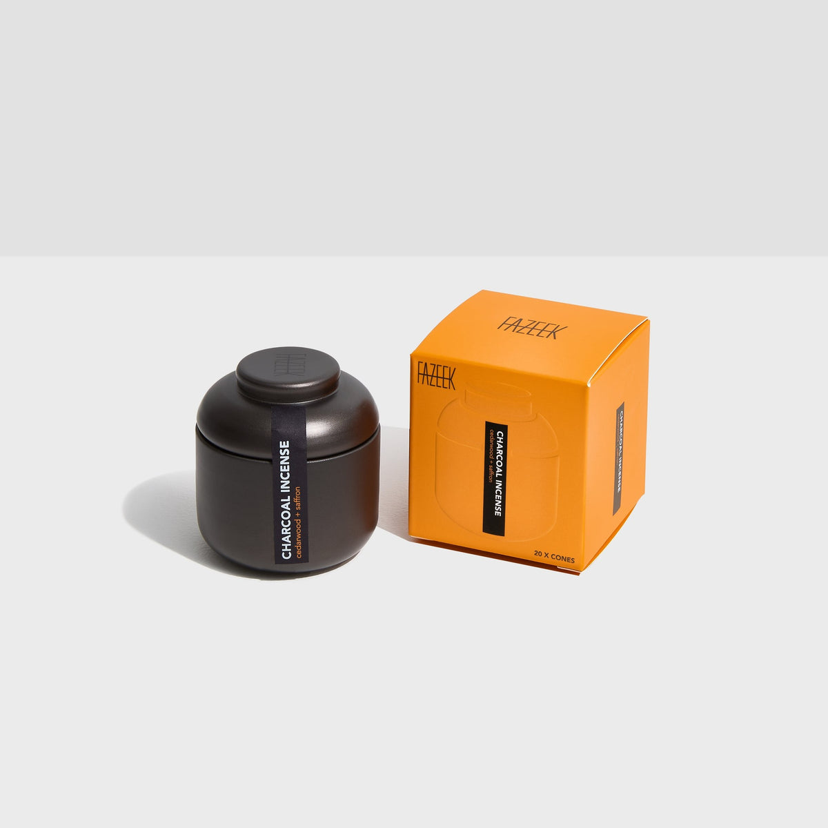 Fazeek Cedarwood and Saffron incense cones, charcoal jar with the pink outer box