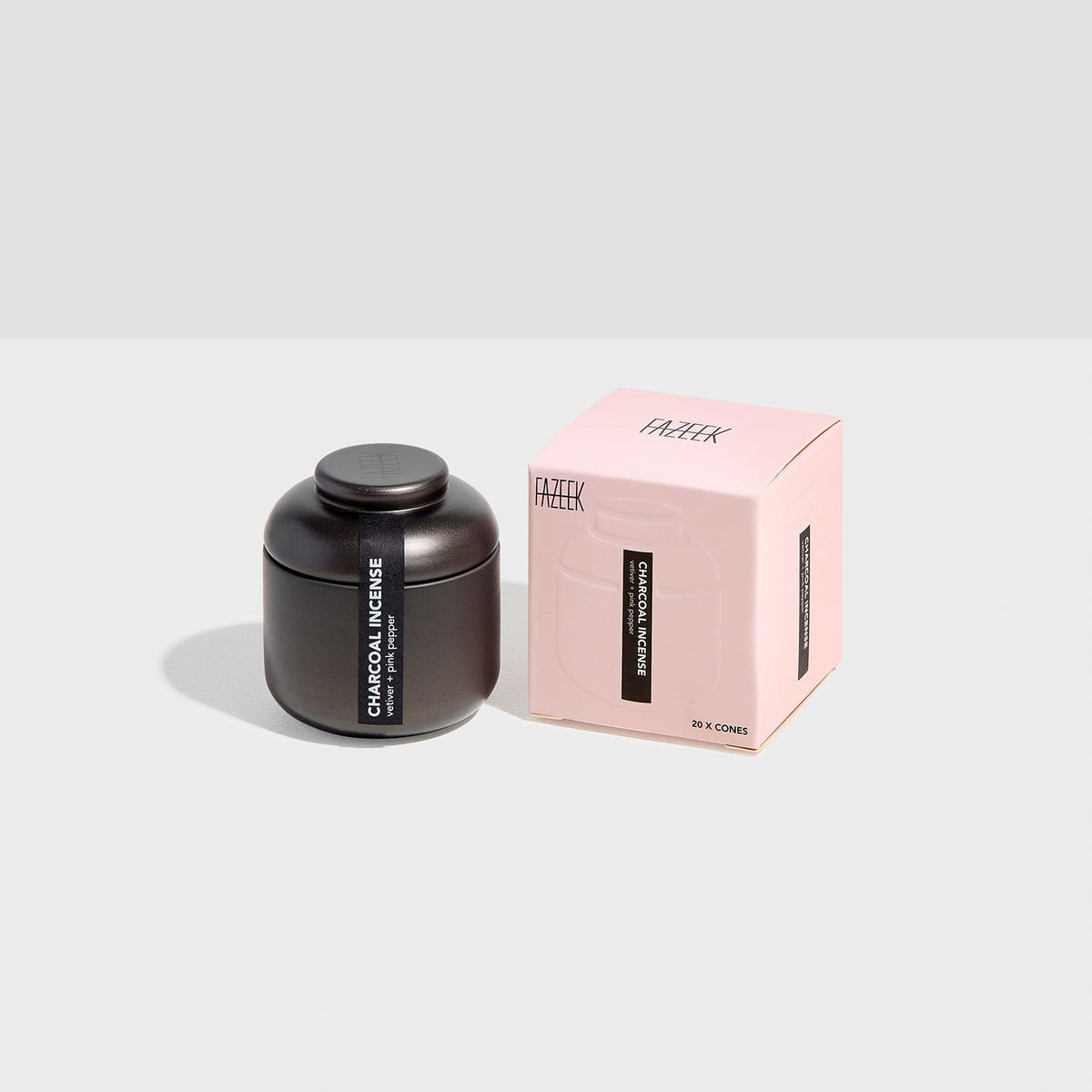 Fazeek Vetiver and Pink Pepper incense cones, charcoal jar with the pale pink outer box