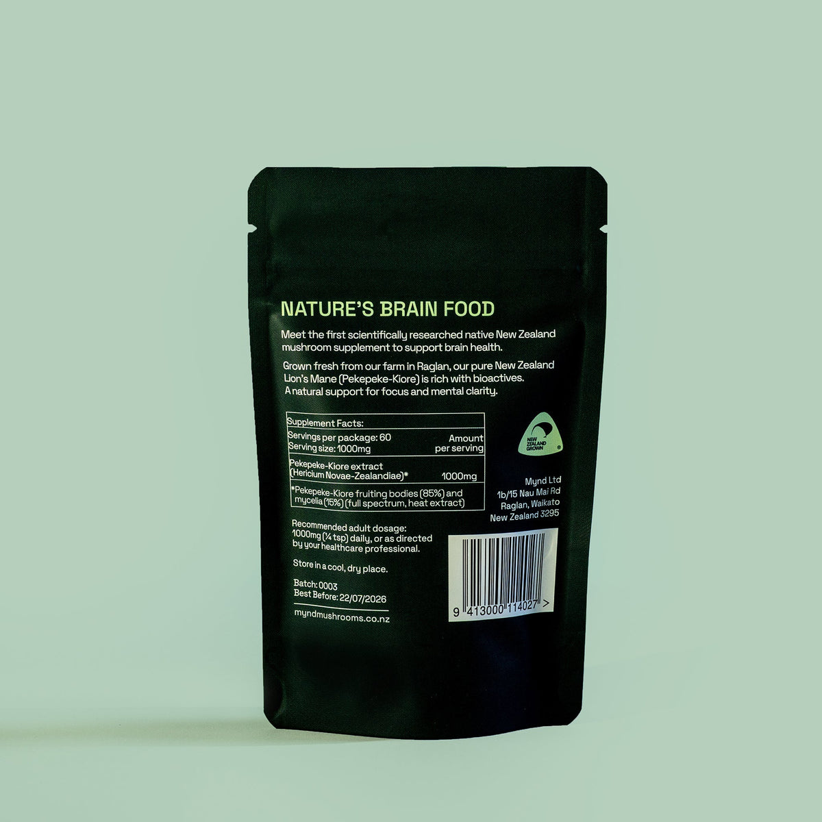 Back of the Mynd Lion's Mane 60g powder pouch showing ingredients and directions