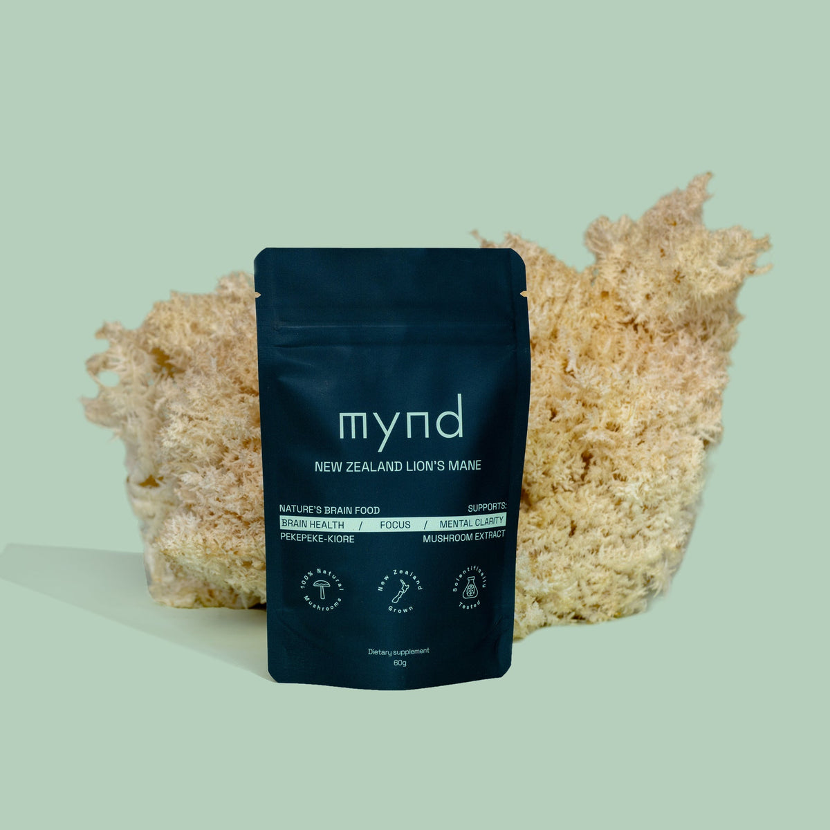 Mynd Lion's Mane powder pouch beside a whole Lion's Mane mushroom