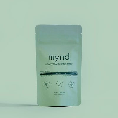 Mynd New Zealand Lion's Mane 28 capsule travel pouch, front of pack