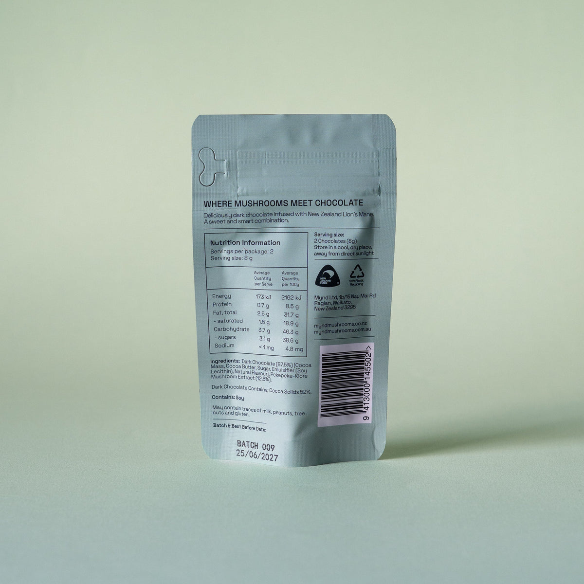 Back of the Mynd Mushroom Chocolate sample pouch showing ingredients