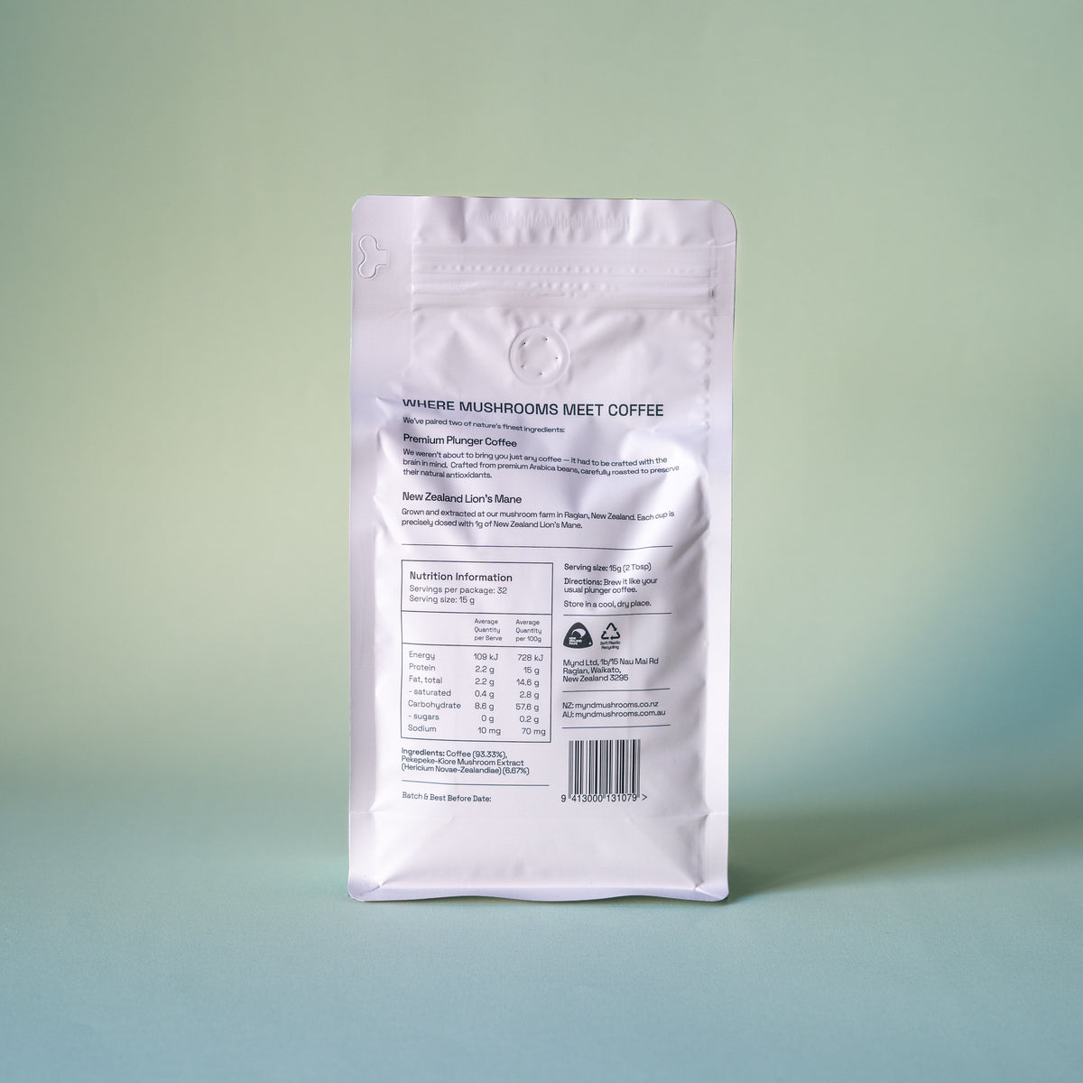 Back of the Mynd Brew 500g bag showing ingredients and nutrition information
