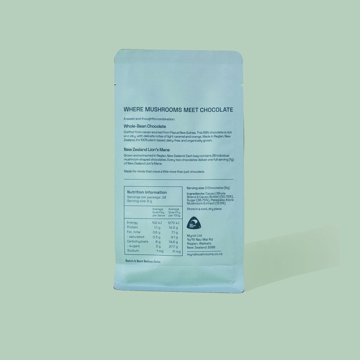 Back of the Mynd Mushroom Chocolate 224g pouch showing ingredients