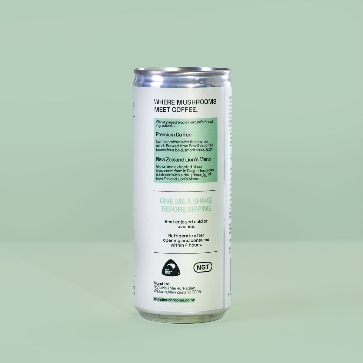Back of the Mynd Iced Mushroom Latte can showing ingredients