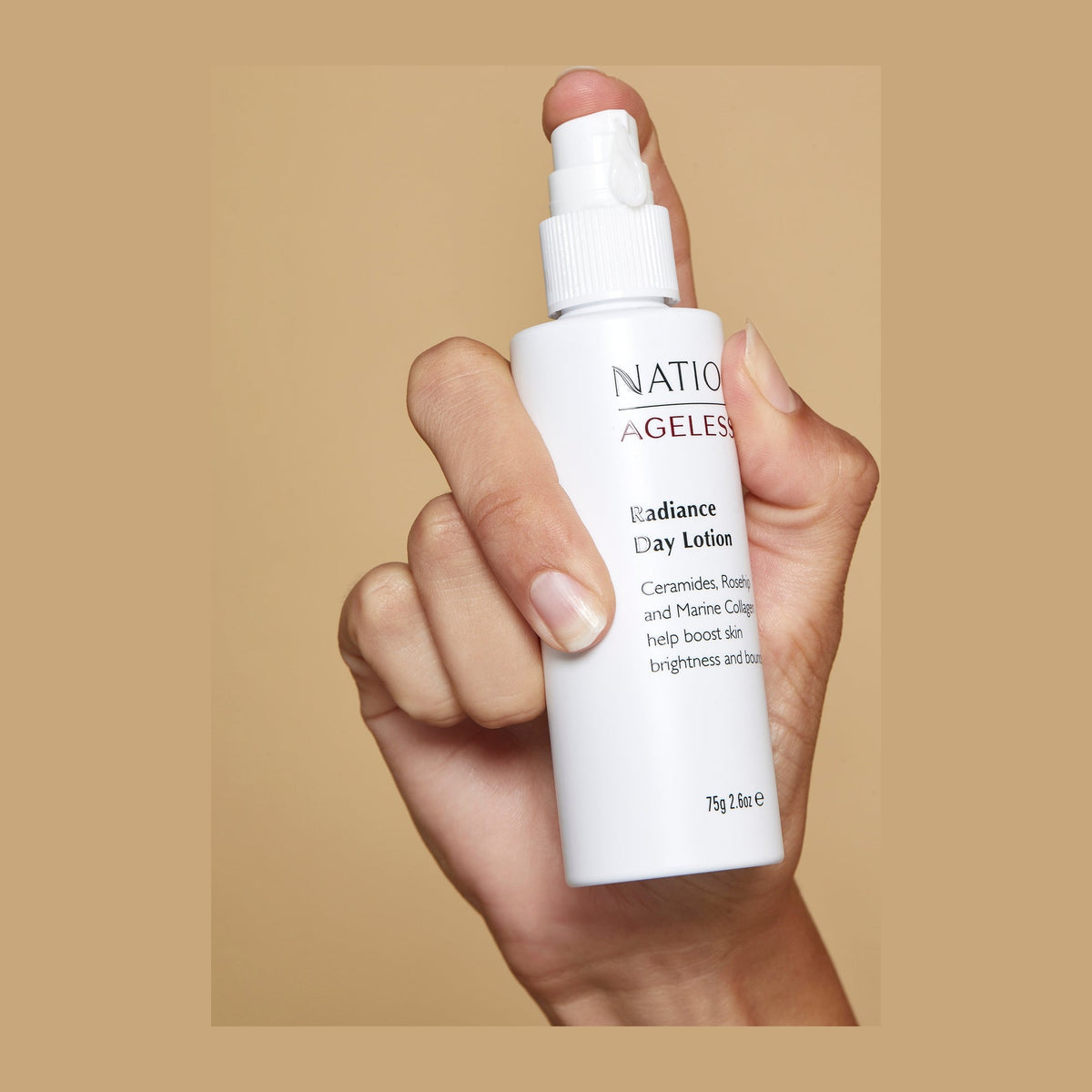 Natio Ageless Rad. Day Lotion 75g shown in use
