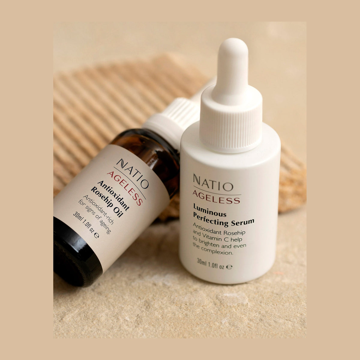 Natio Ageless Lum. Perf. Serum 30ml styled in a set photograph