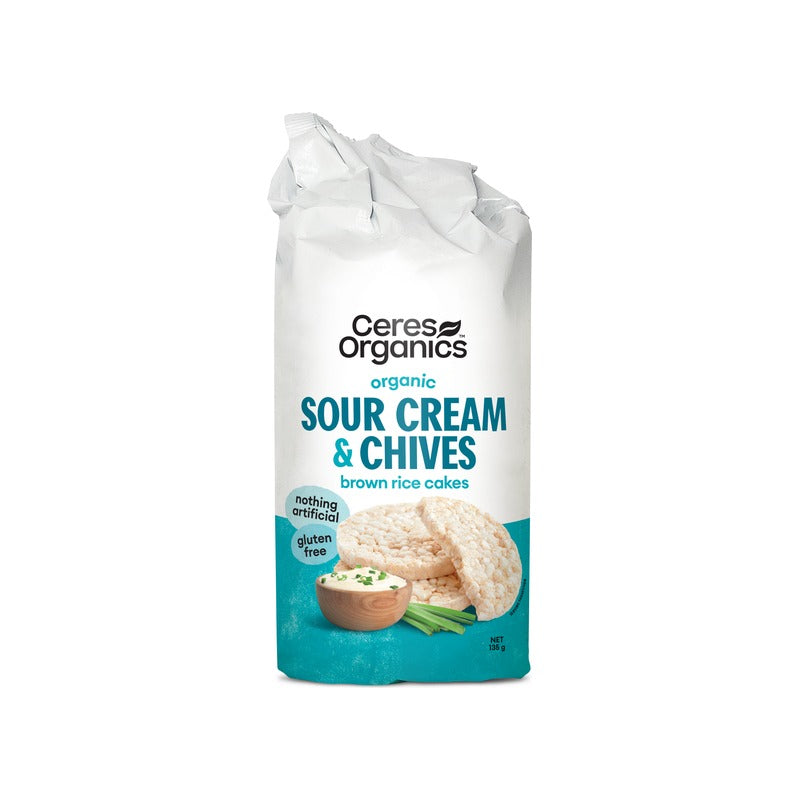Ceres Organics Organic Brown Rice Cakes, Sour Cream & Chives 135g, front of pack