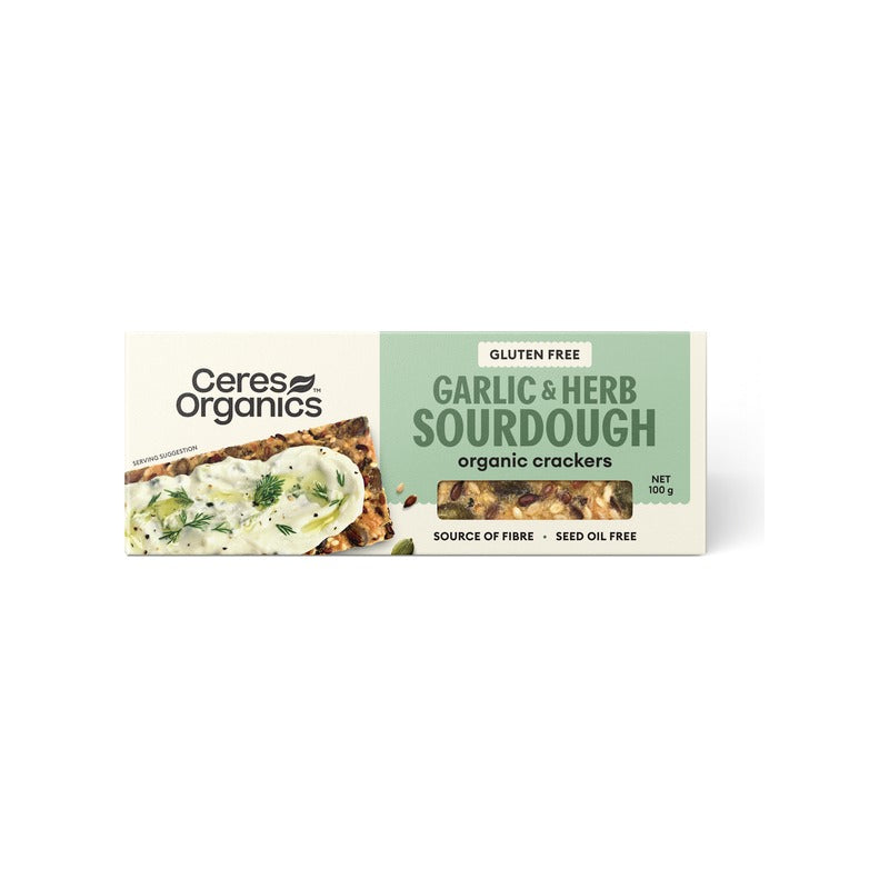 Ceres Organics Organic Sourdough Crackers, Garlic and Herb 100g, front of pack