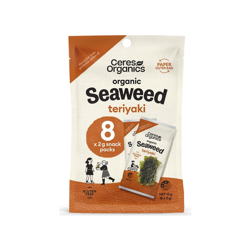 Ceres Organics Organic Roasted Seaweed Multipack, Teriyaki BBQ Snack 16g, front of pack
