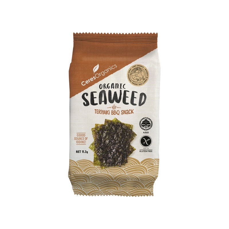 Ceres Organics Organic Roasted Seaweed, Teriyaki BBQ Nori Snack 11.3g, front of pack
