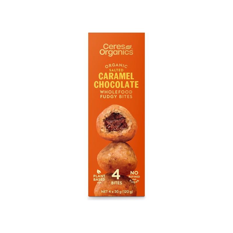 Ceres Organics Organic Wholefood Fudgy Bites, Caramel Chocolate 120g, front of pack