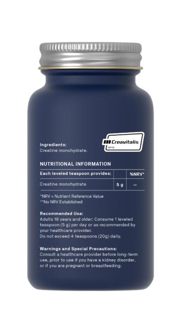 Blue supplement container with white label on a white background