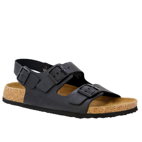 Black sandal with cork sole on a white background