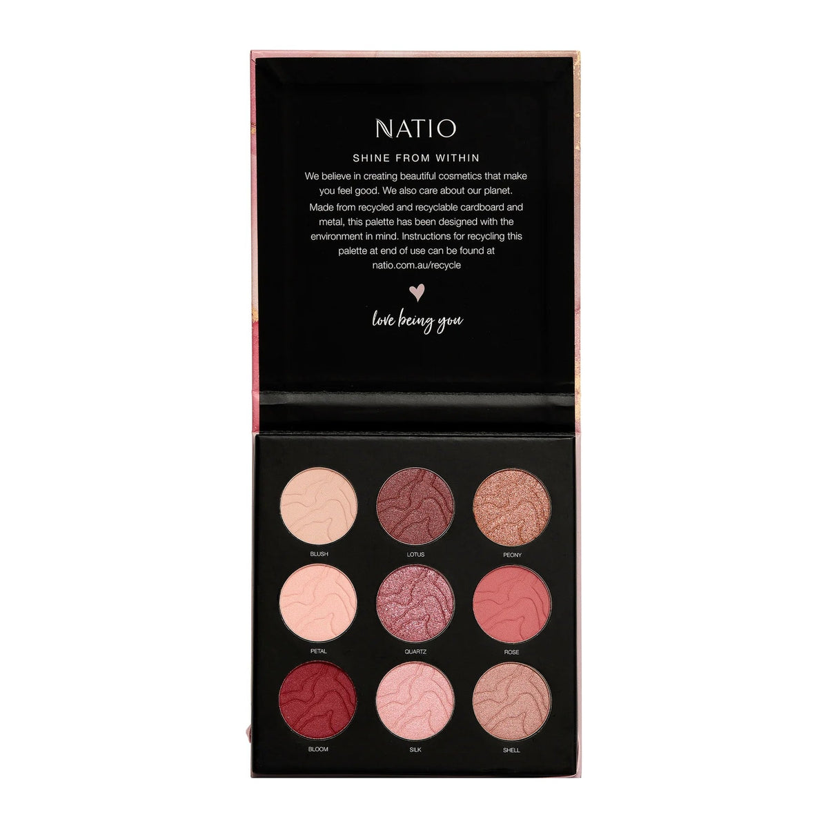 Rose Quartz Mineral Eye Shadow Palette Limited Edition by Natio, front of pack