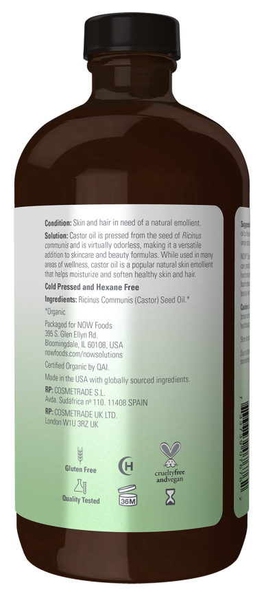 Castor Oil Organic in Glass Bottle 473ml-NOW Supplements-Matakana Pharmacy