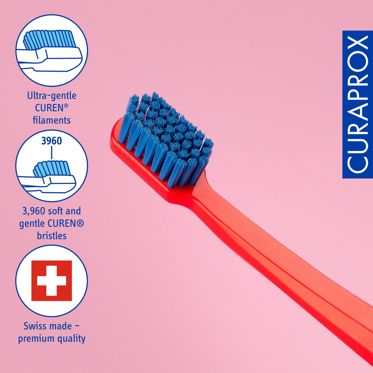 Curaprox CS 3960, product icons for 3,960 Curen filaments and Swiss manufacture
