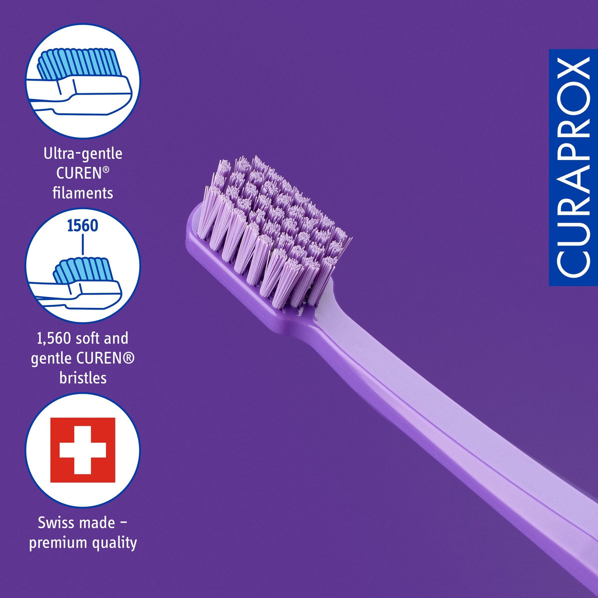 Curaprox CS 1560, product icons for the Curen filaments and Swiss manufacture