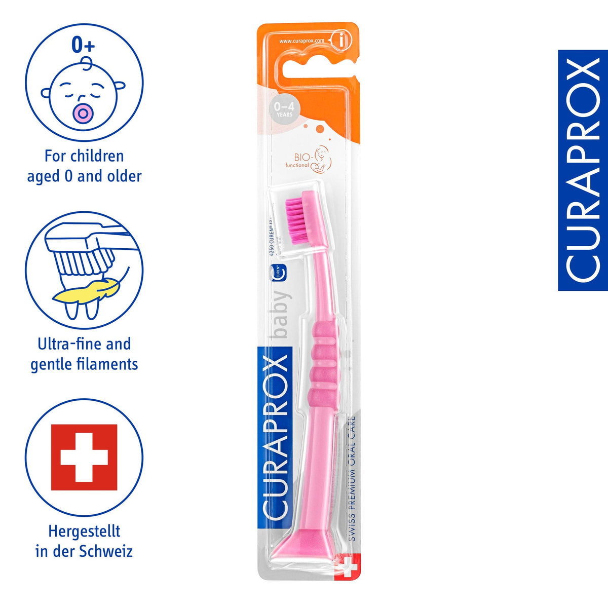 Curaprox baby toothbrush, icons for ages nought and up and the compact filament head