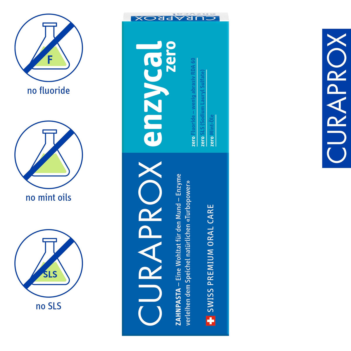 Curaprox Enzycal zero, product icons for no fluoride, no mint oils and no SLS