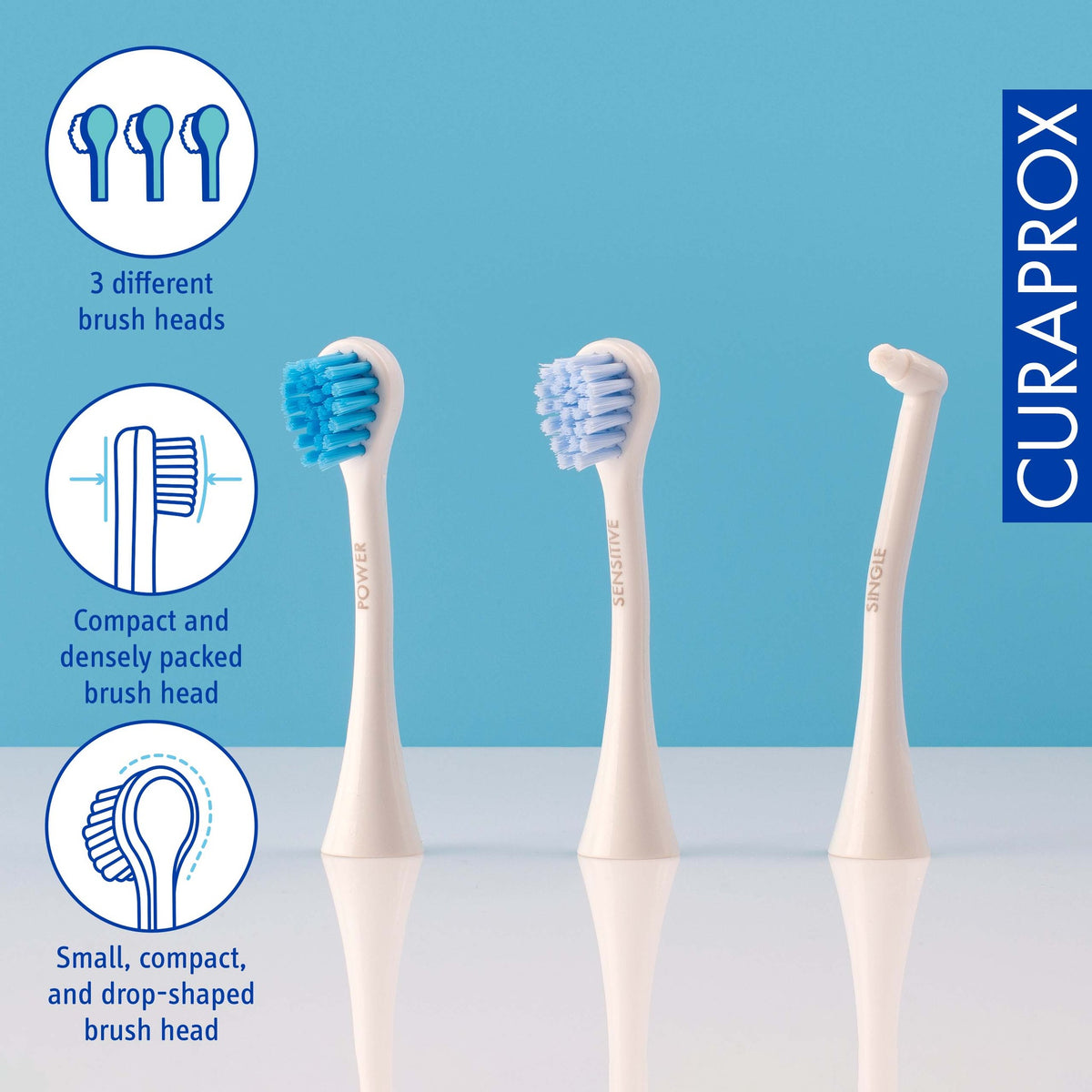 The three Curaprox Hydrosonic Pro brush heads, sensitive, power and single