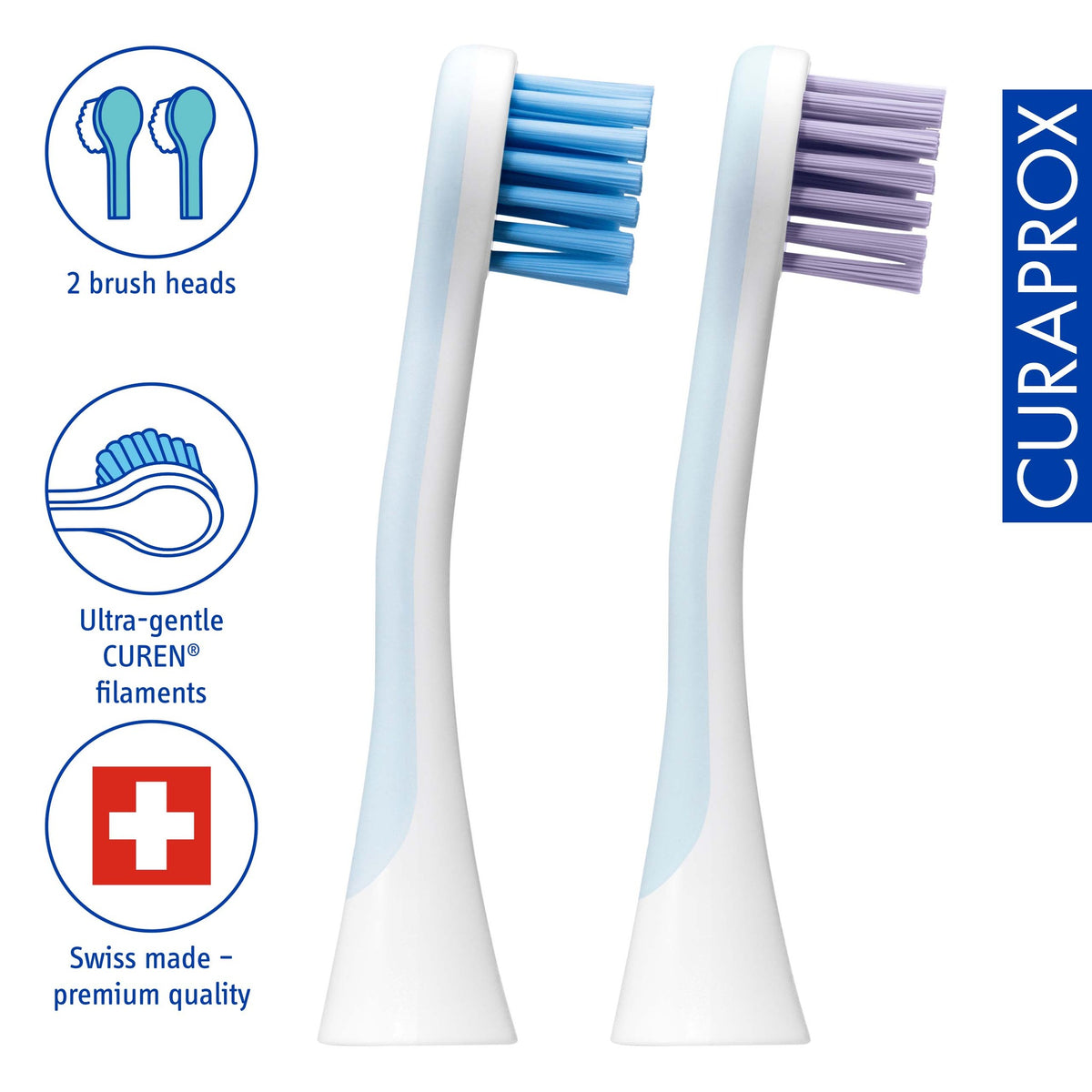 Curaprox Hydrosonic power heads, icons for two heads and the ultra gentle Curen filaments