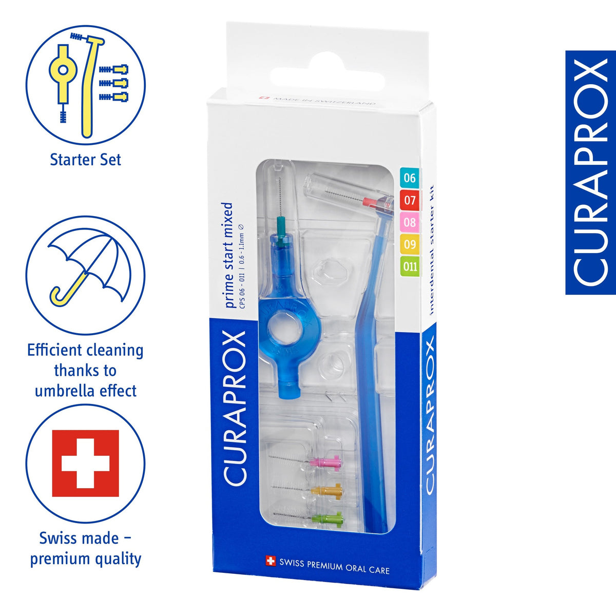 Curaprox prime start mixed set, icons for the starter set and the click system
