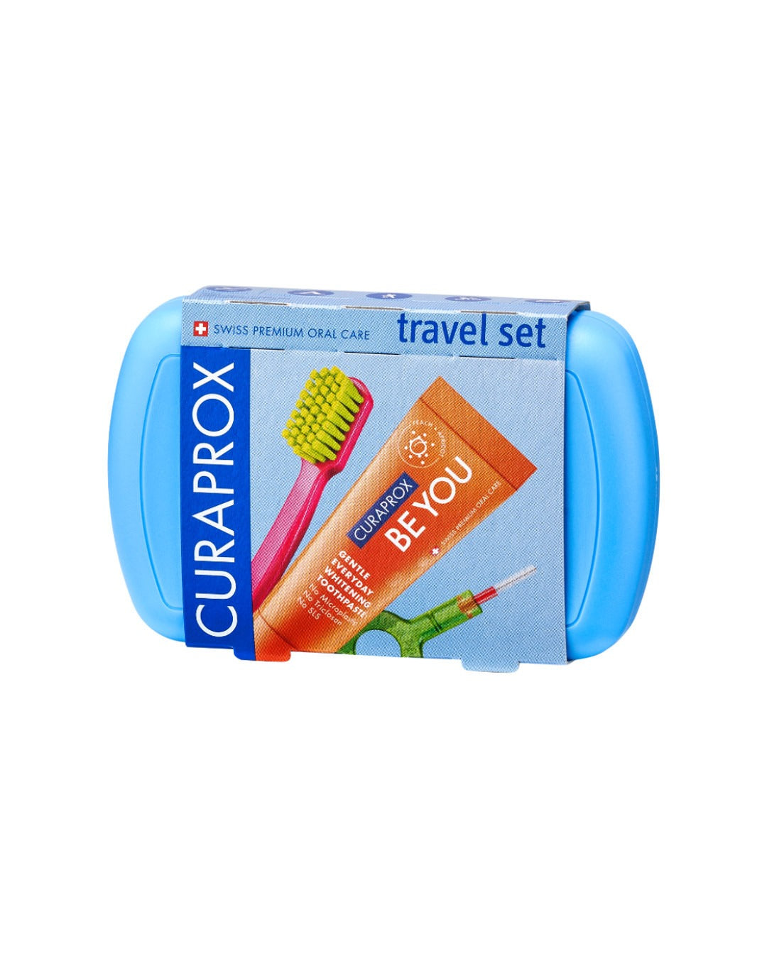Curaprox travel set in its pack, shown in blue