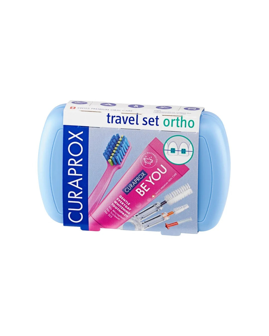 Curaprox ortho travel set in blue, in its pack